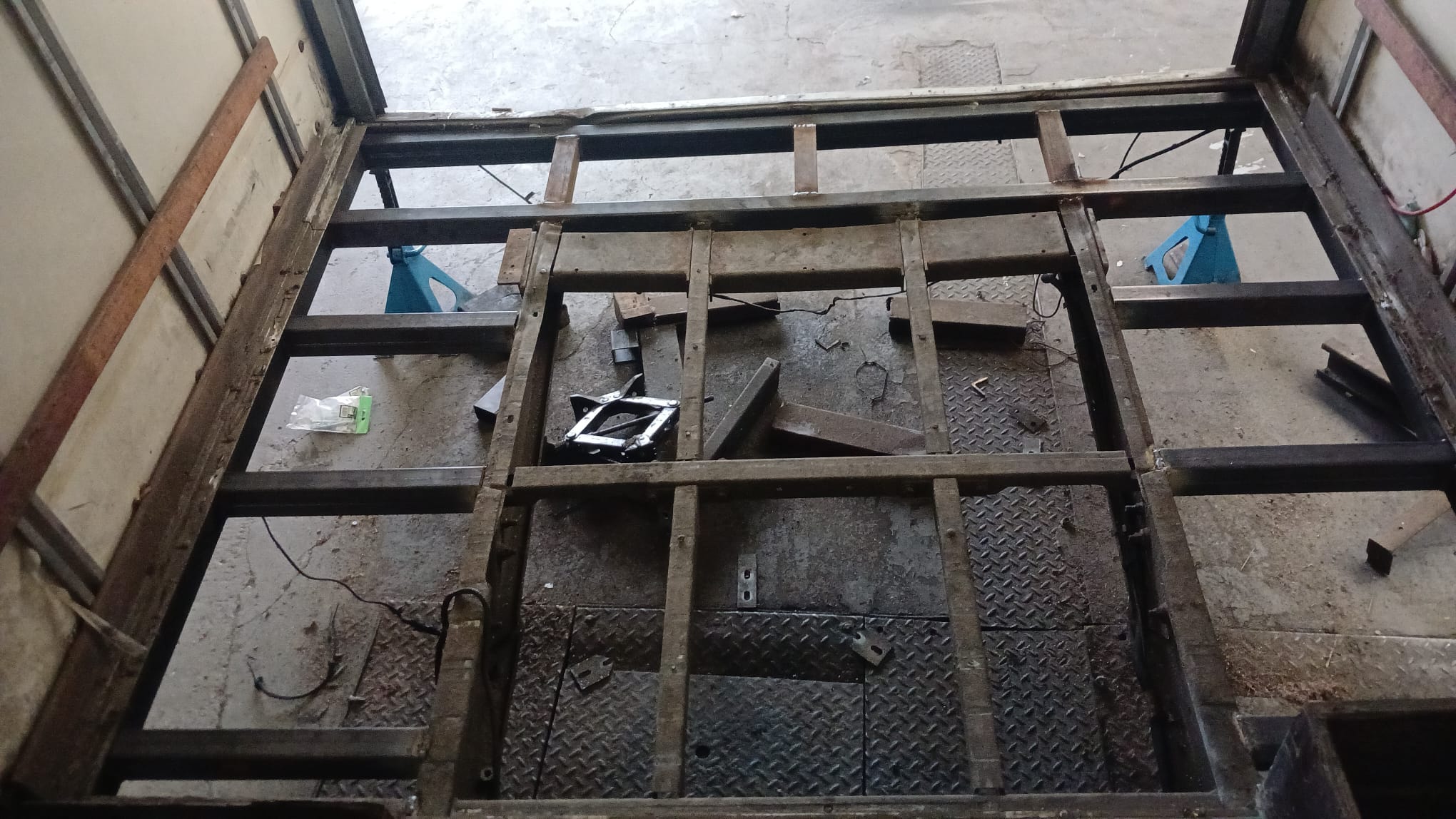 Luton floor stripped back to the steel frame in the workshop
